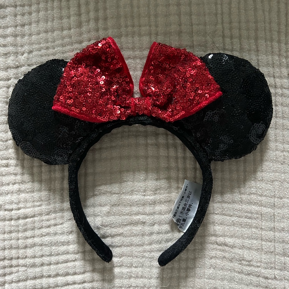 Disney Black Sequin Headband with Red Bow